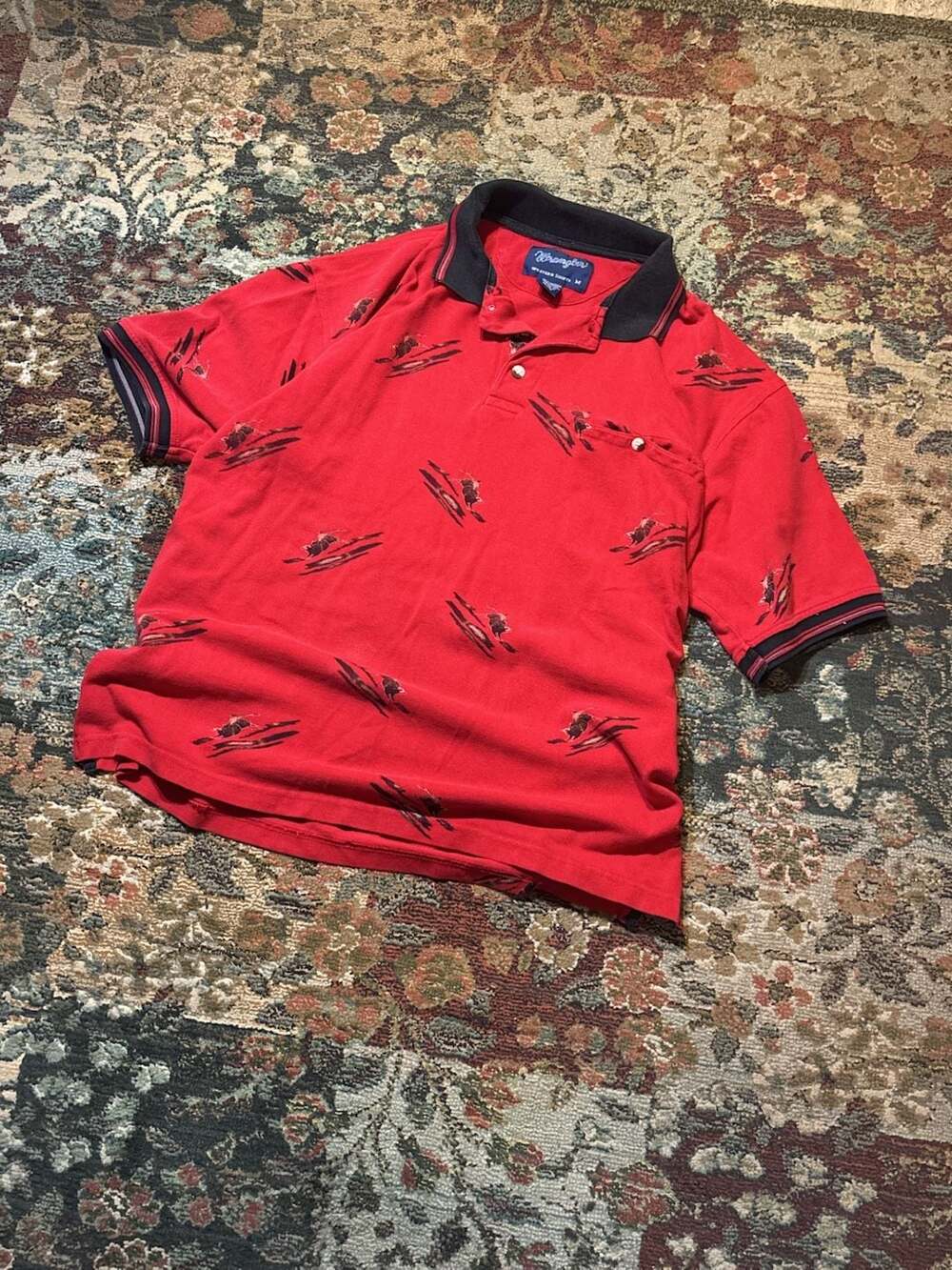 Wrangler Western Shirts Red Bull Print Polo Shirt Men's Size Medium